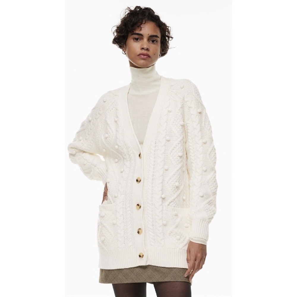 Aritzia Wilfred Alps Ivory Oversized Aran Cable Knit Fisherman Cardigan Sz S‎